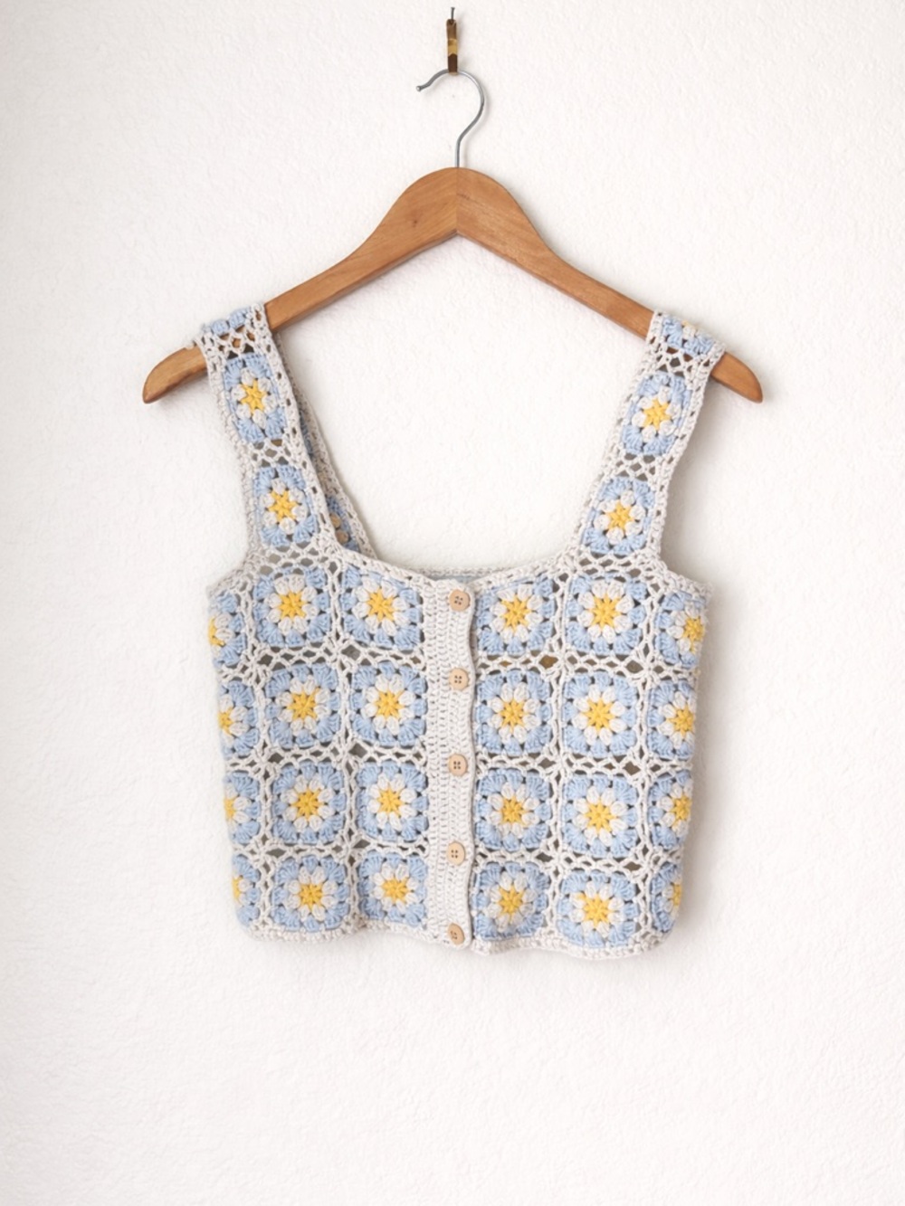 Crochet Daisy Knit Tank Top Cottagecore Boho Floral Crop Blue Yellow XS
